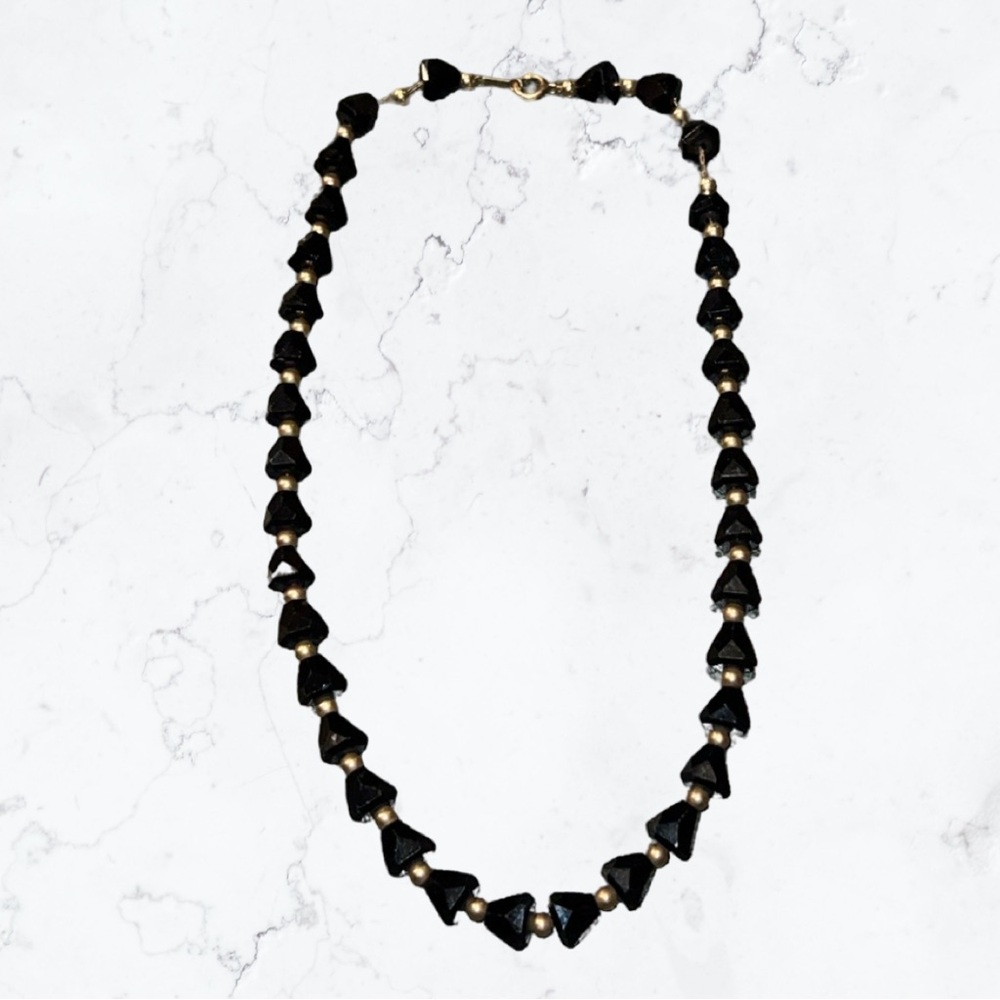 Vintage Signed Simmons Black Glass Gold Tone Choker Necklace